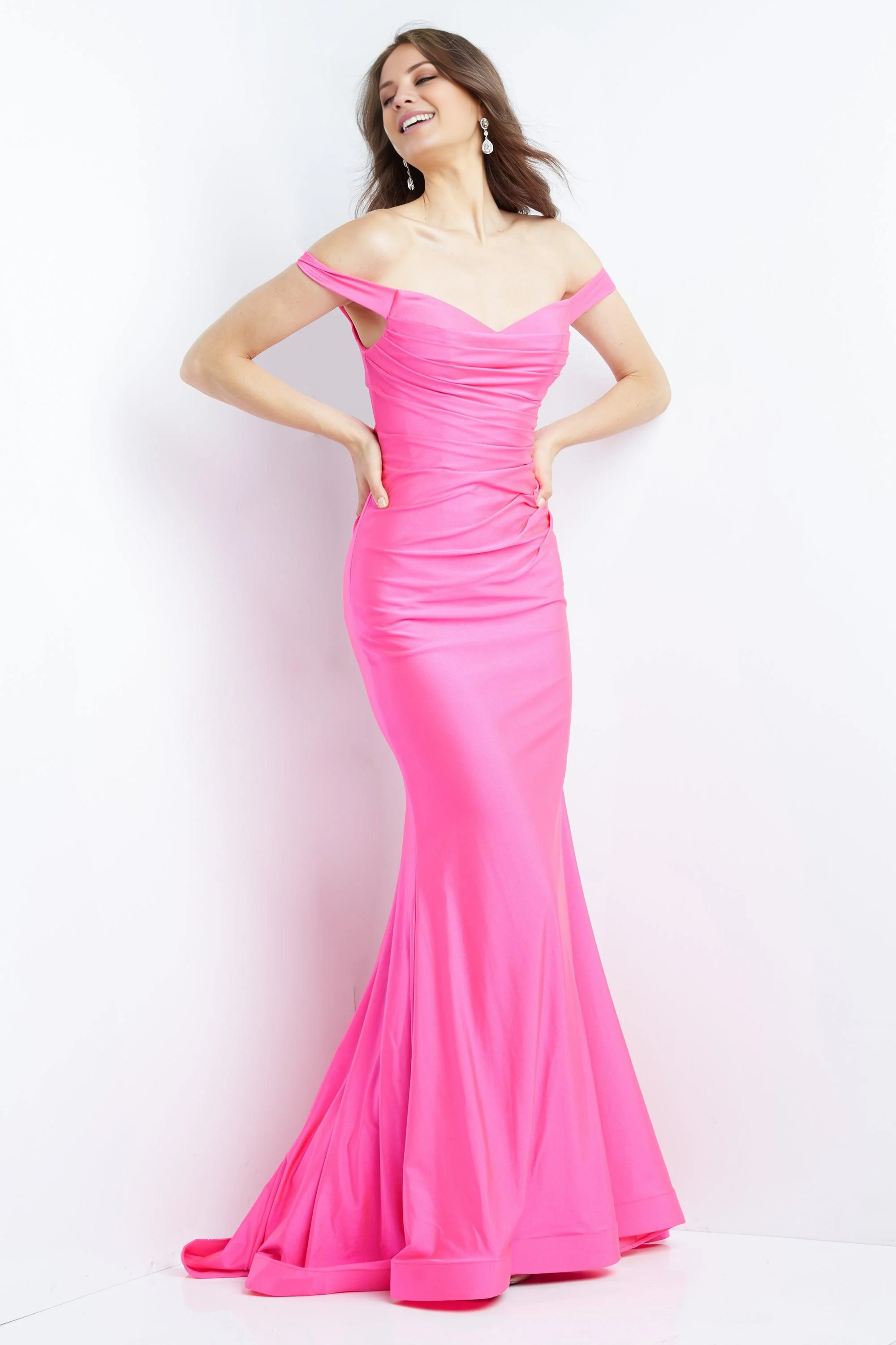 Jimiss off shoulder chicken heart neckline sleeveless and floor length Prom dress