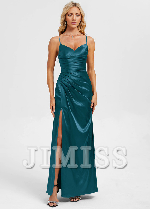Bodycon straight V-neck floor-length pleated satin prom dress