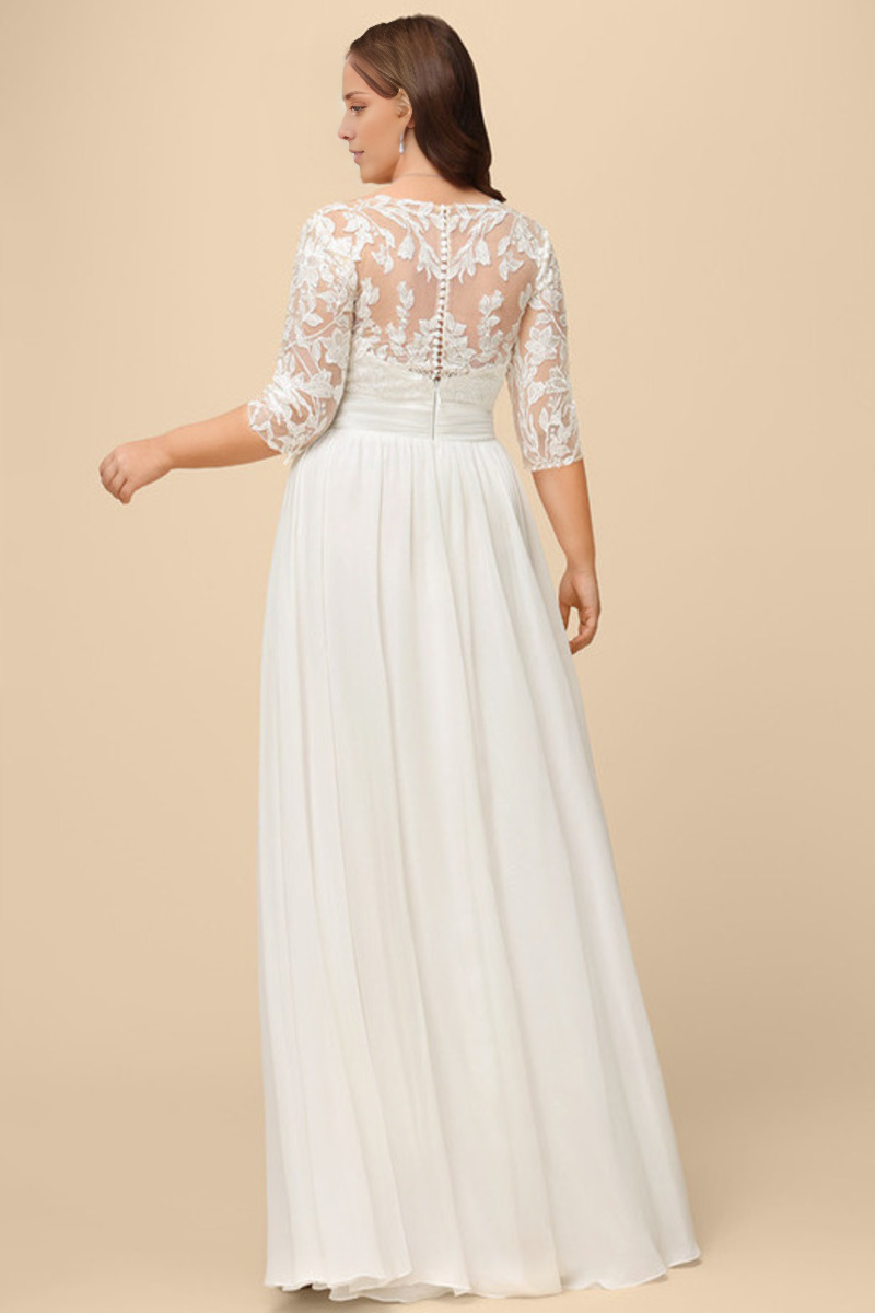 Sparkling ruffle A-line V-neck 3/4 sleeves and lace chiffon wedding dress