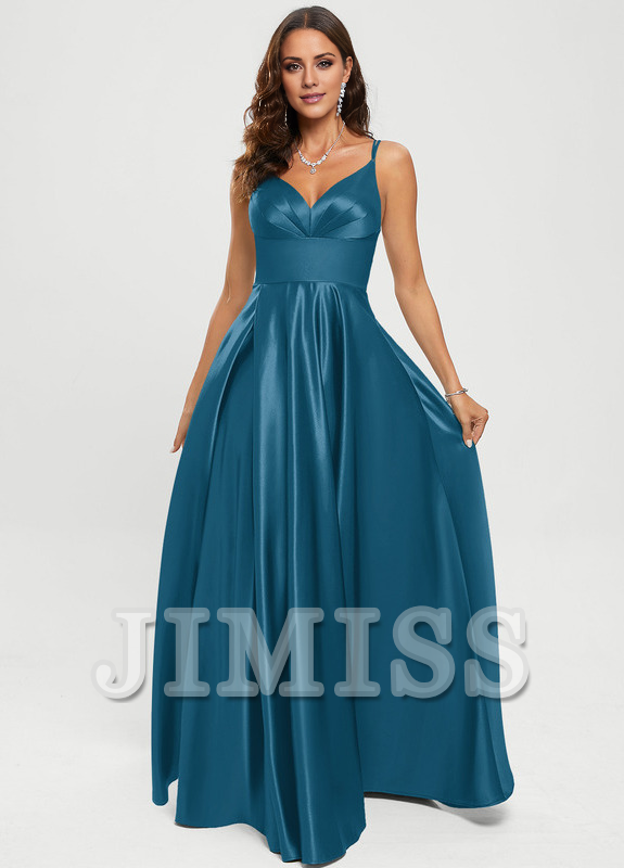A-line V-neck floor-length satin prom dress