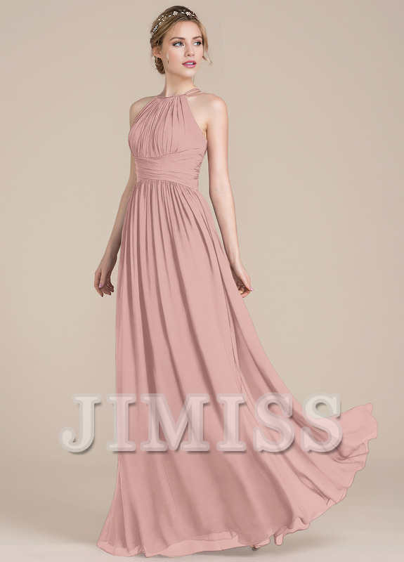 Ruffled A-line scoop neck floor-length chiffon prom dress