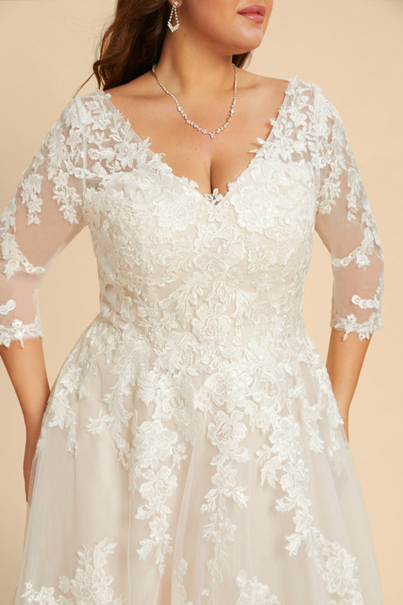 A-line V-neck sweeping trailing skirt 3/4 sleeves sequined chiffon lace wedding dress