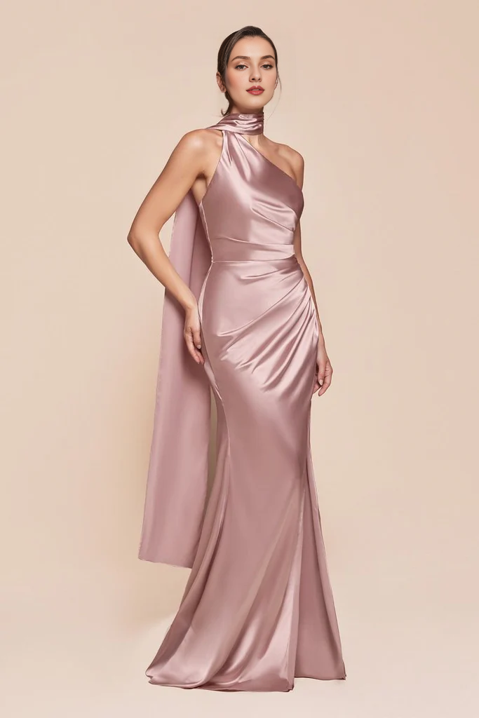 Luxury satin slim fit and floor length gown evening dresses on one shoulder