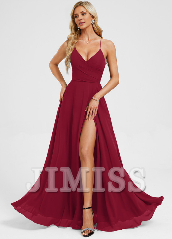 A-line V-neck pleated floor-length chiffon prom dress