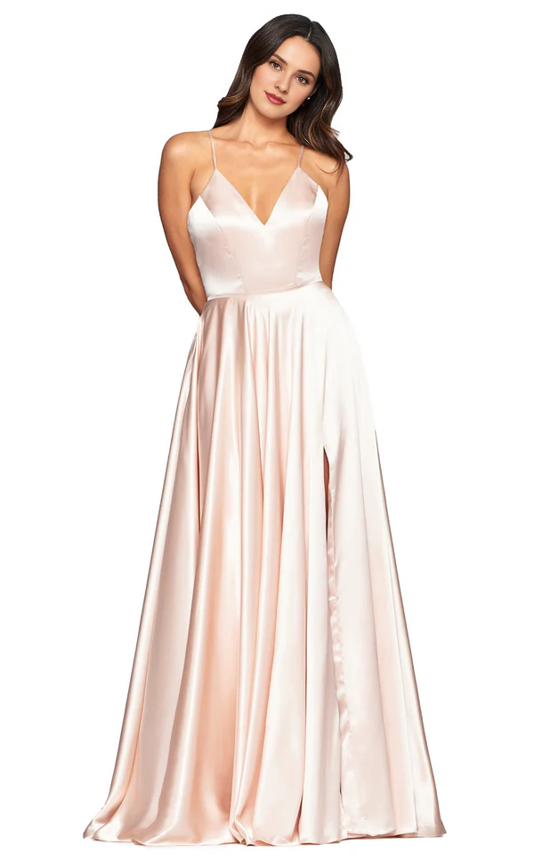 Deep V-neck sleeveless fitted side slit and floor length evening dress
