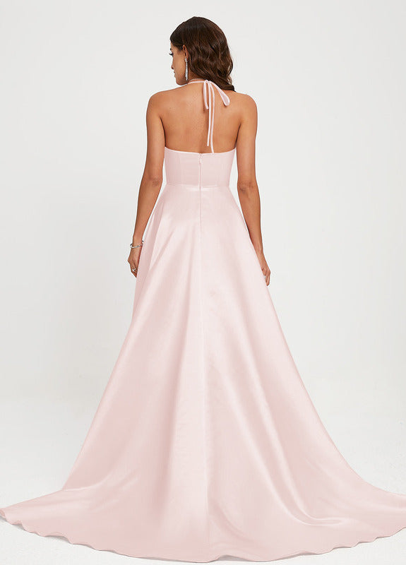 A-line V-neck floor-sweeping satin prom dress