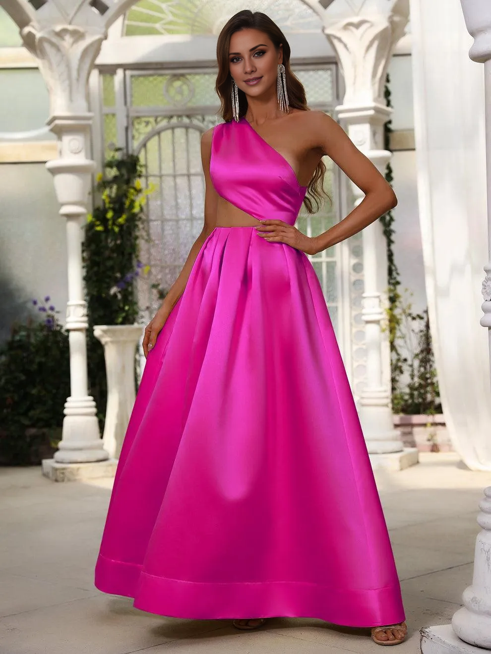 One shoulder hollow satin and floor length formal dress