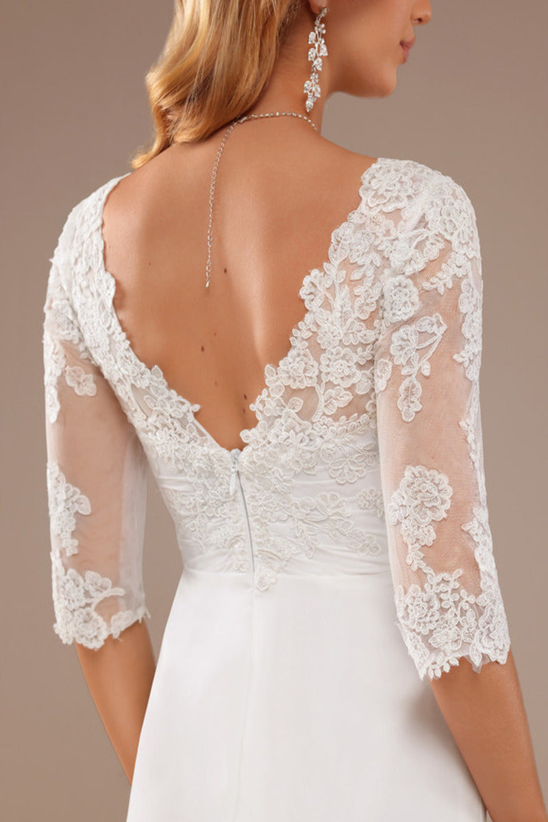 Lotus leaf edge A-line V-neck asymmetrical half sleeved lace chiffon wedding dress