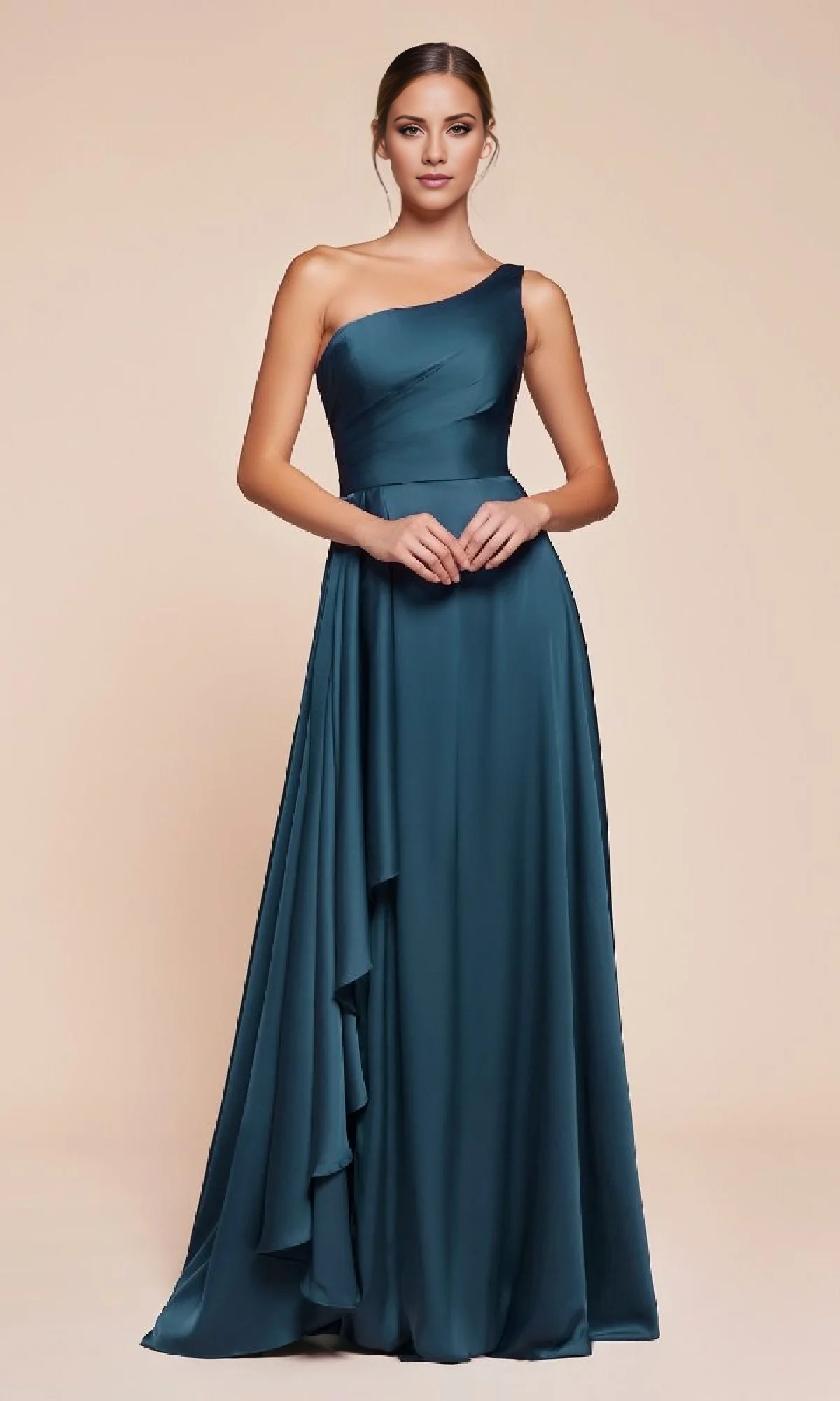 Jimiss A-line satin single shoulder long side slit and floor length evening dress