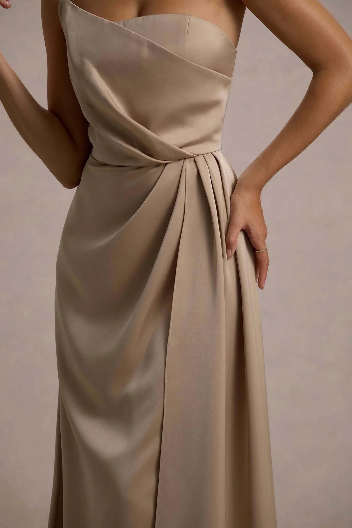 Asymmetric neckline satin strapless drape and floor length evening dress - jimiss dress