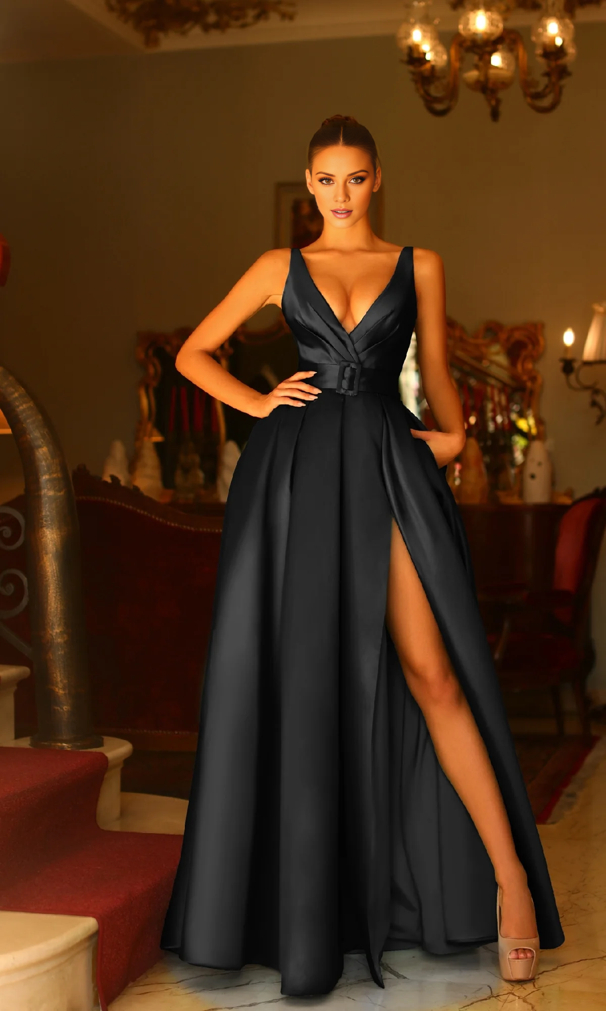 Jimiss A-line deep V-neck off shoulder side slit and floor length evening dress