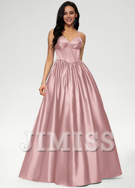 Ball-Gown/Princess V-neck pleated floor-length satin prom dress