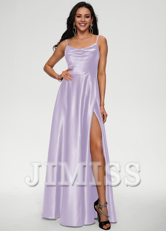 A-line draped floor-length satin prom dress