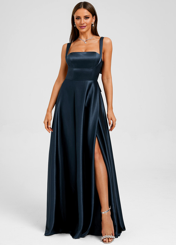 Bow A-line straight satin and floor length Prom dress