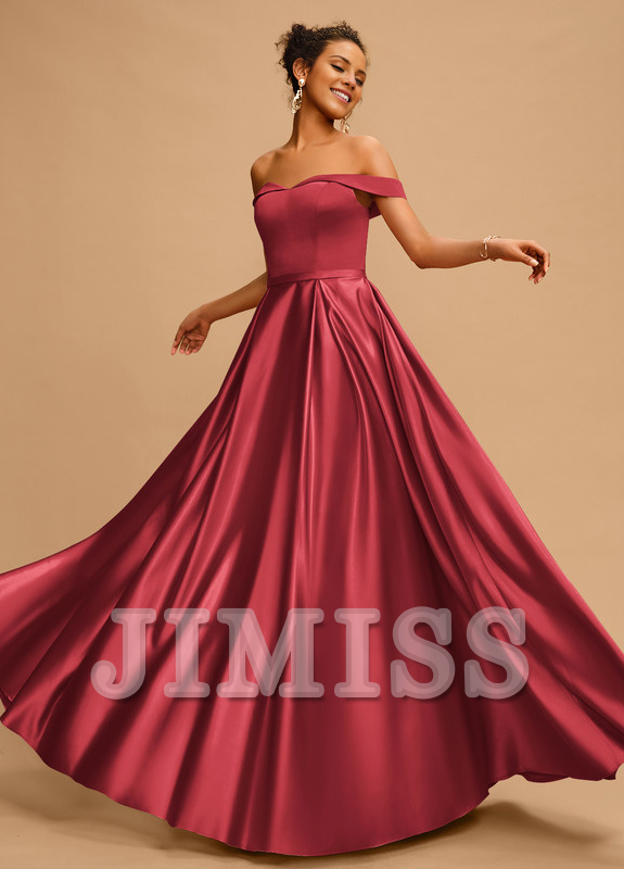 A-line off-the-shoulder floor-length satin prom dress