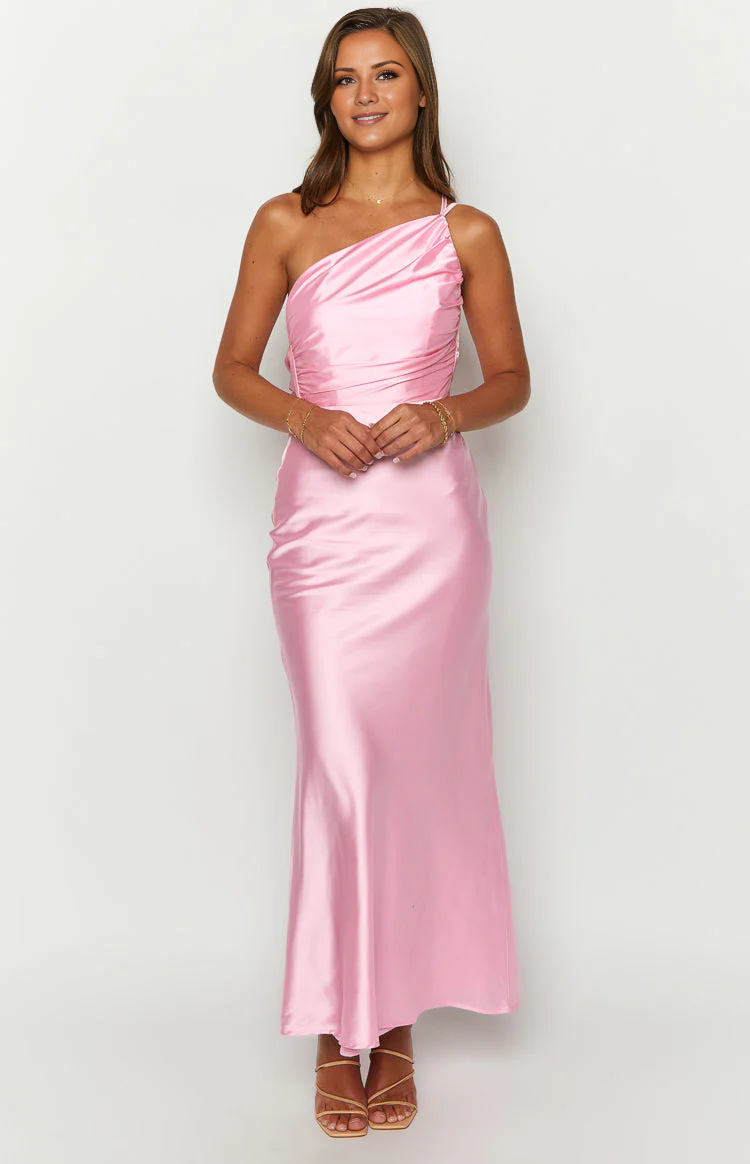 Jimiss asymmetrical neckline backless satin side slit long Prom dress