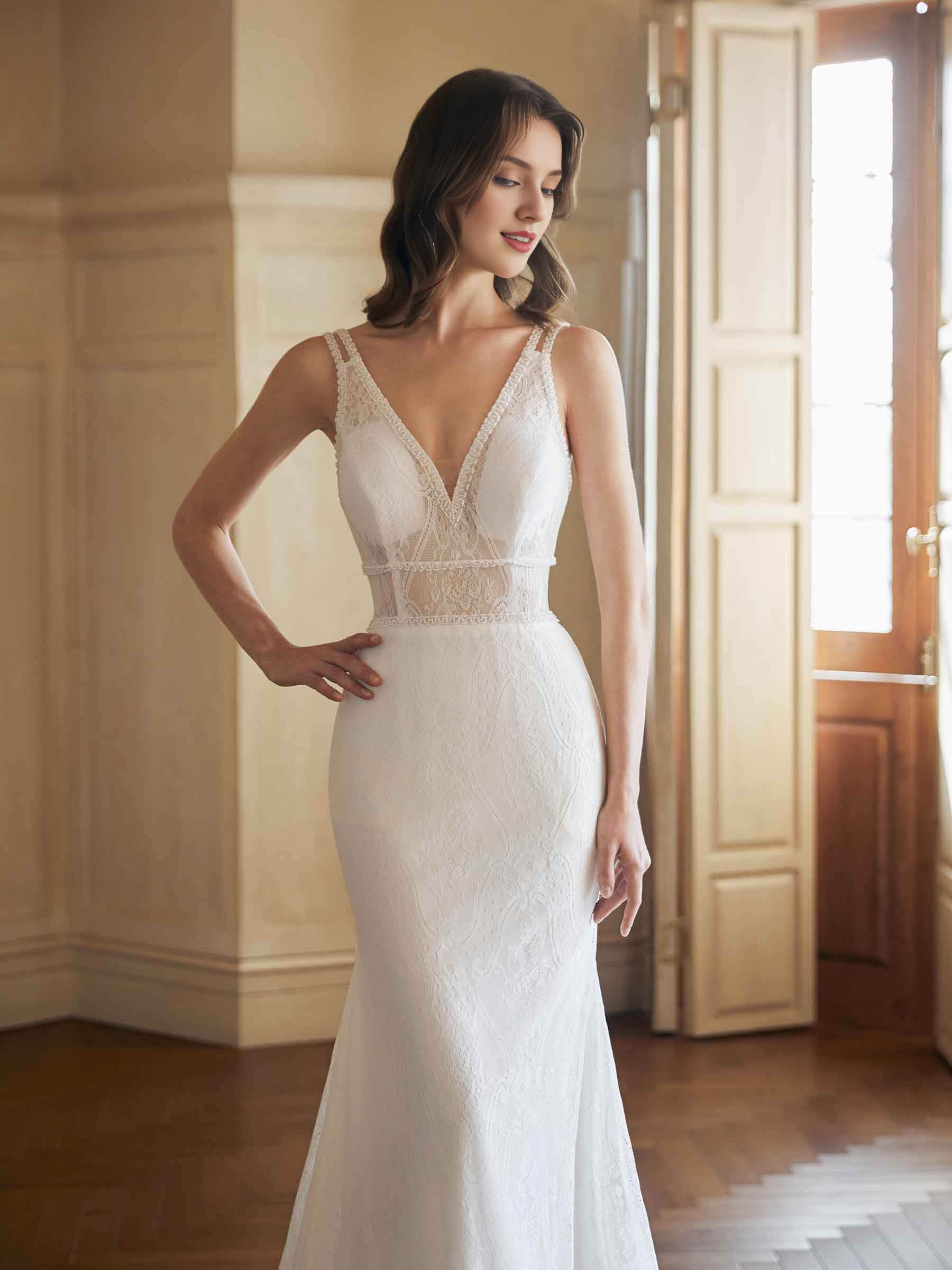 Sexy fish tail backless V-neck ultra long lace wedding dress