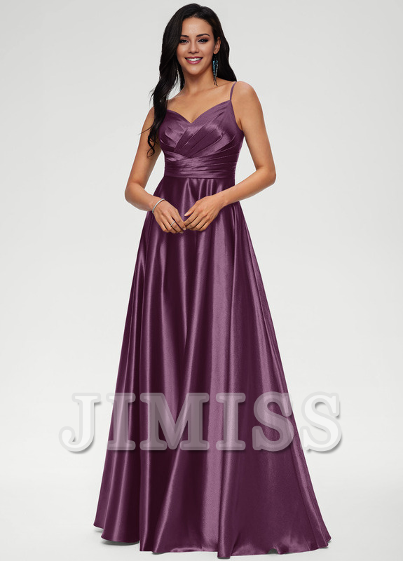 A-line V-neck floor-length satin prom dress