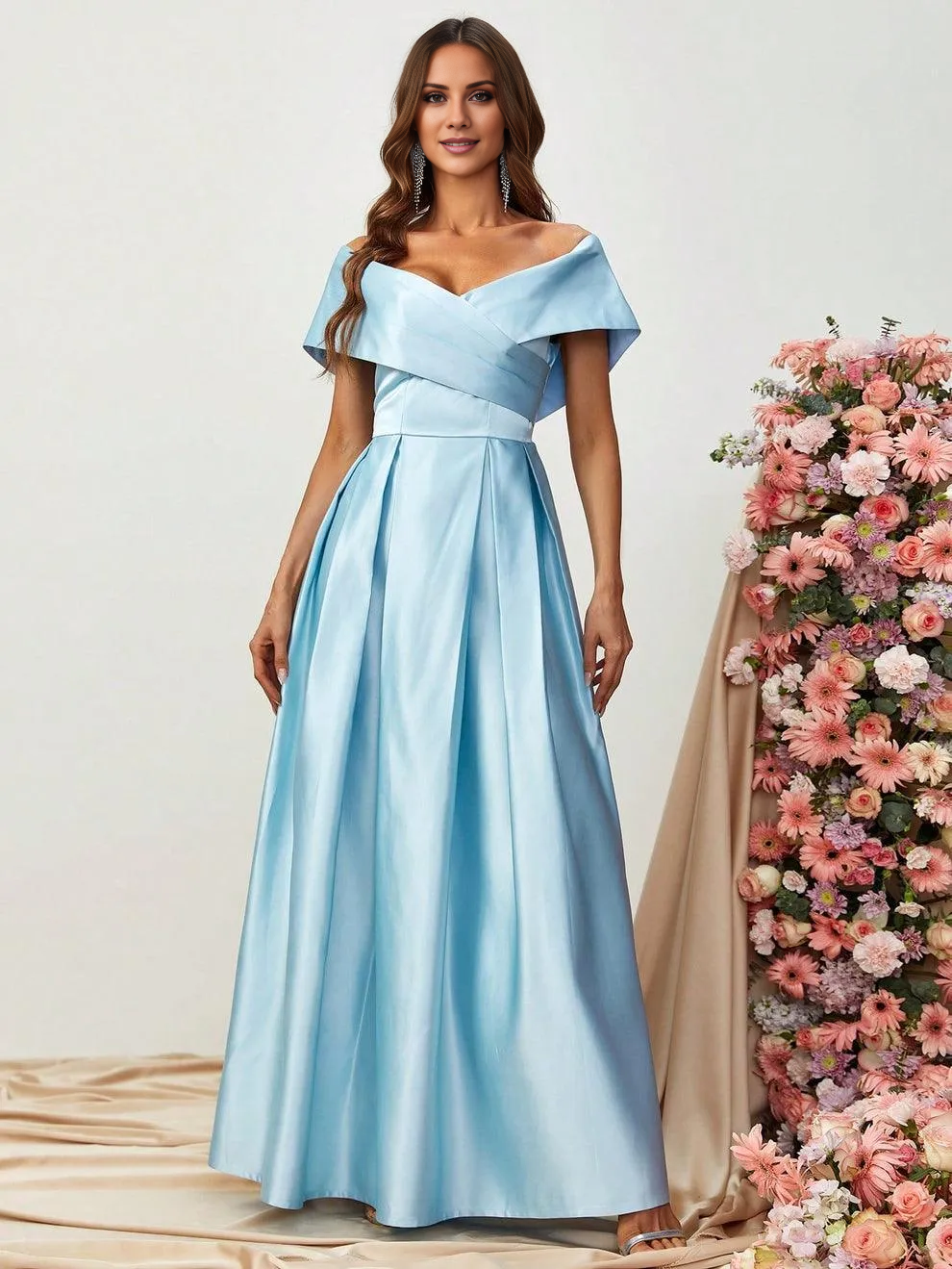 A-line off shoulder pleated detail satin and floor length formal dress