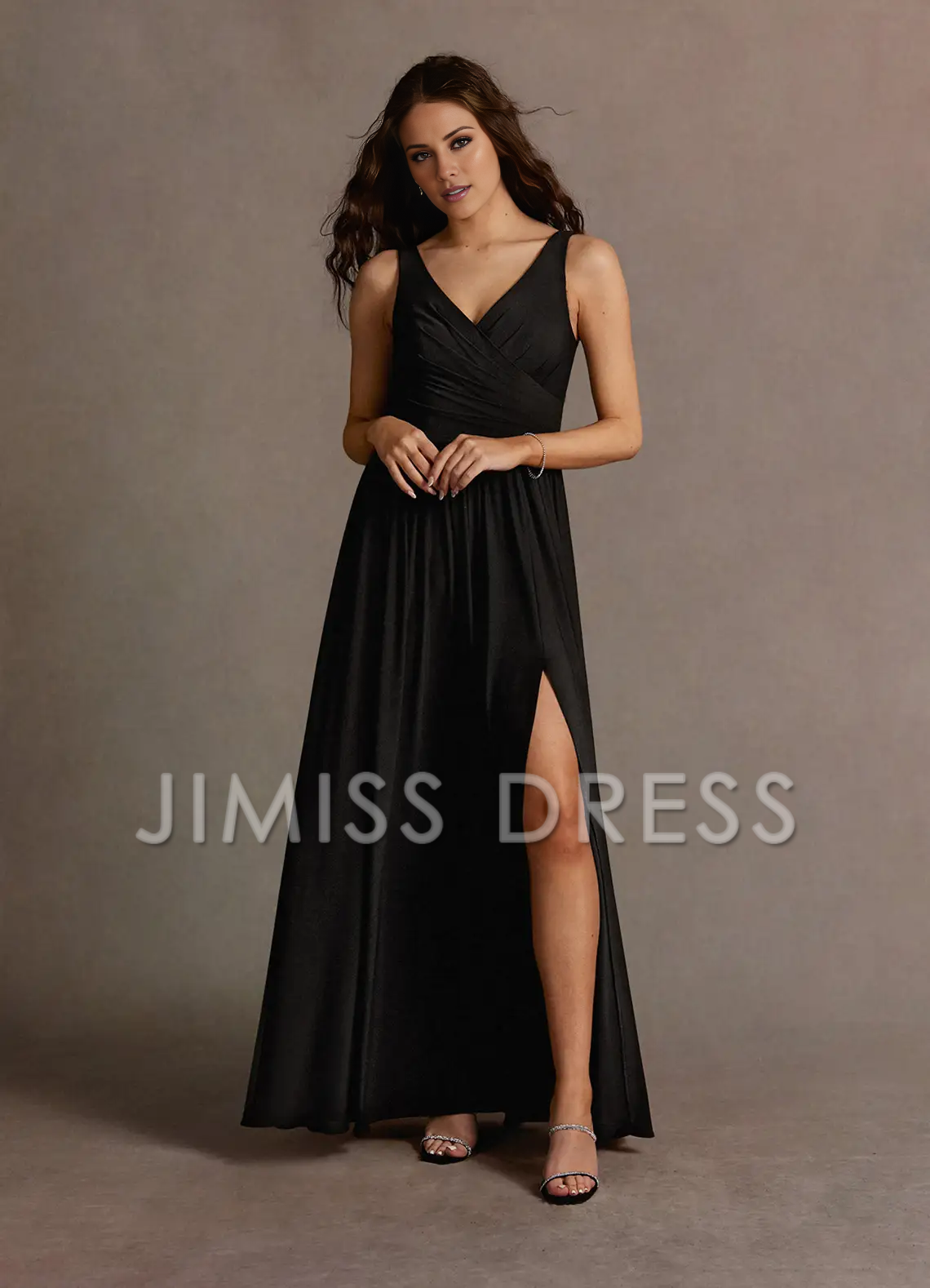 Jimiss slim shoulder strap V-neck side slit and floor length Prom dress