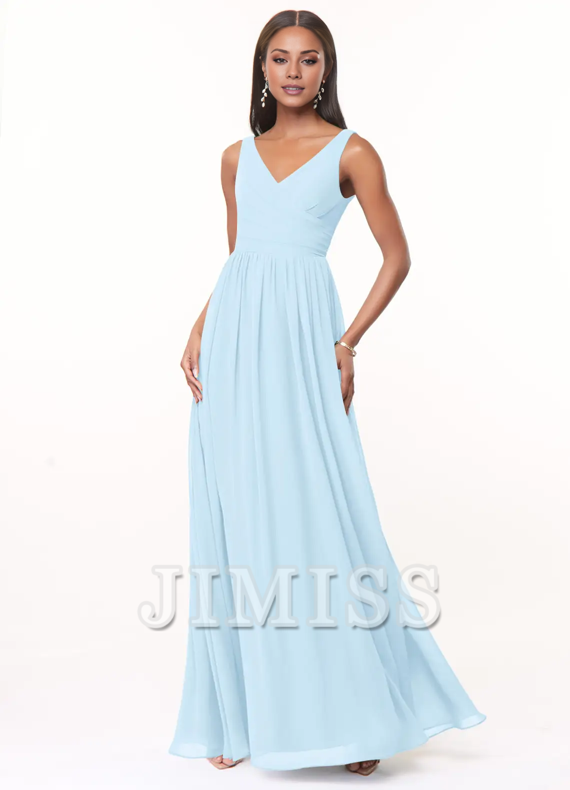 A-line V-neck pleated chiffon and floor length bridesmaid dress - Jimiss Dress