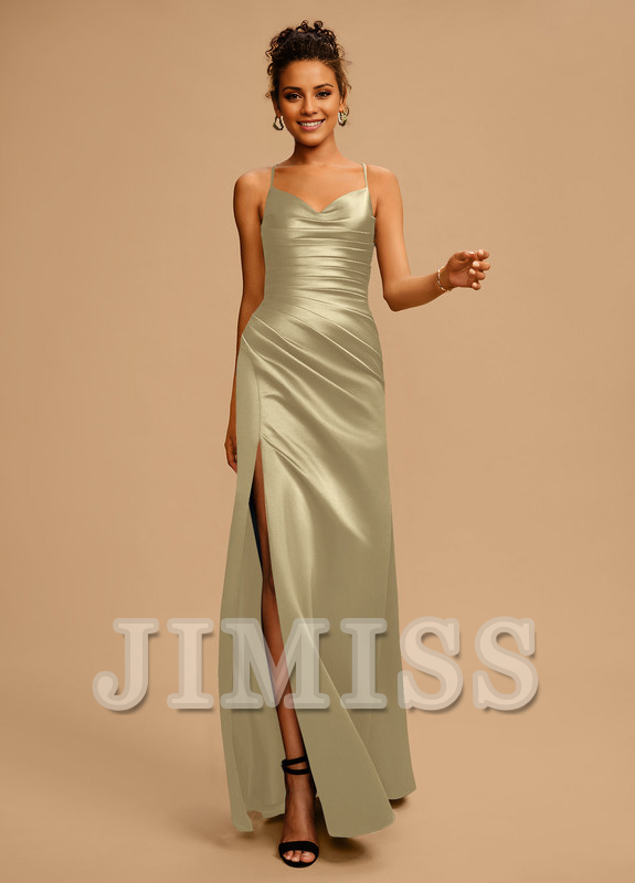 Bodycon/straight V-neck floor-length pleated satin prom dress