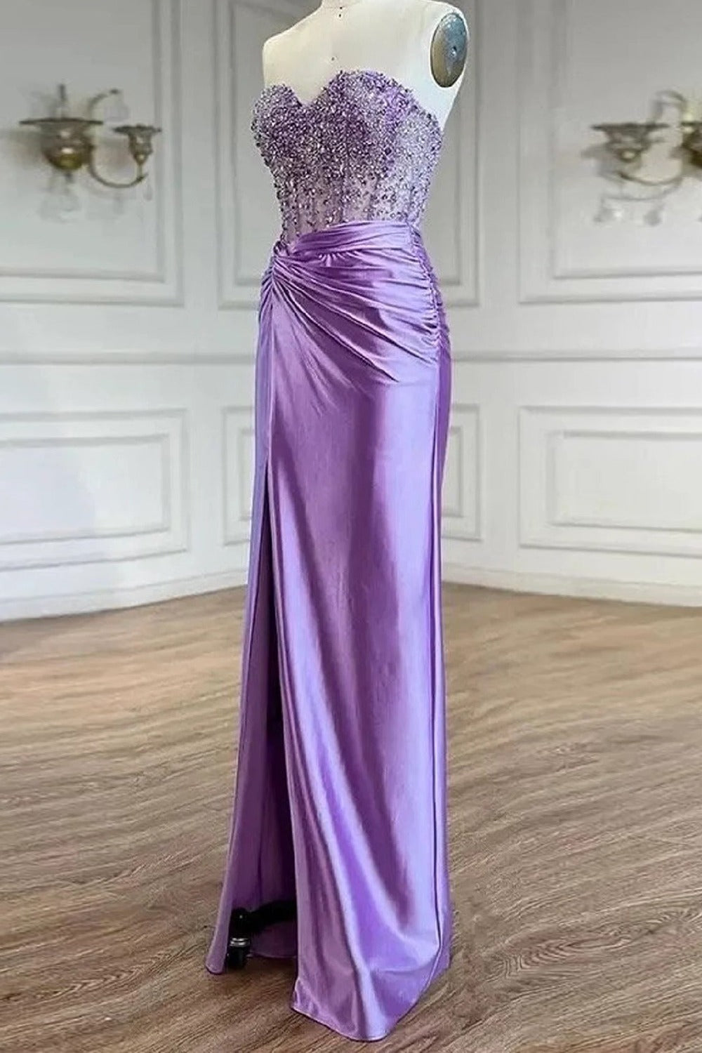 Purple Sweetheart Mermaid Satin Long Prom Dress with Beading