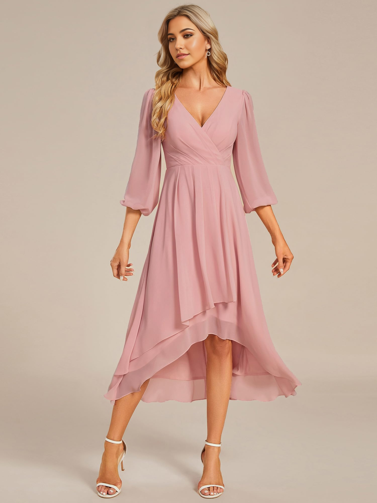 A-Line V Neck Chiffon Pleated Long Sleeves Midi Length formal dresses Bridesmaid Dresses evening gown Prom Dress