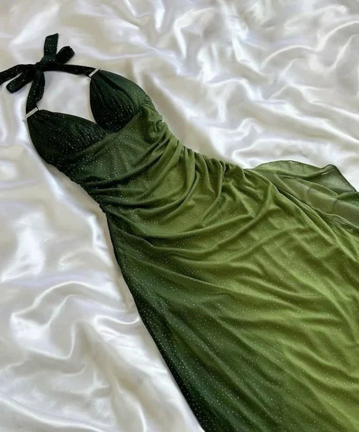 Shiny Green Gradient Long Chiffon Ball Gown Prom Dress Celebrity Dresses