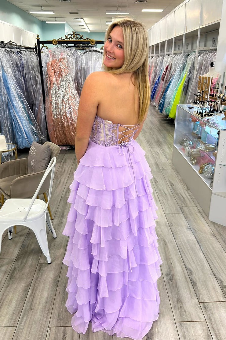 A Line Sweetheart Lavender Chiffon Tiered Prom Dresses