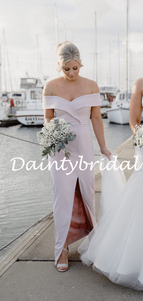 Simple Off-shoulder Mermaid Slit Long Bridesmaid Dresses.DB10764