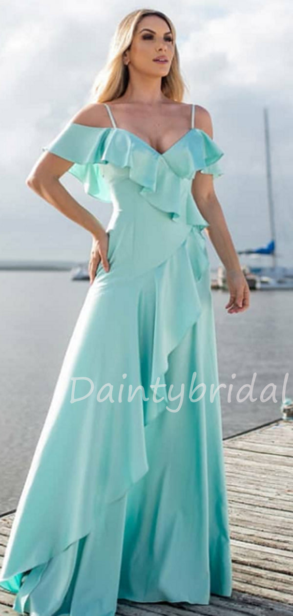 Charming V-neck Off-shoulder A-line Soft Satin Long Prom Dresses Evening Dresses.DB10487