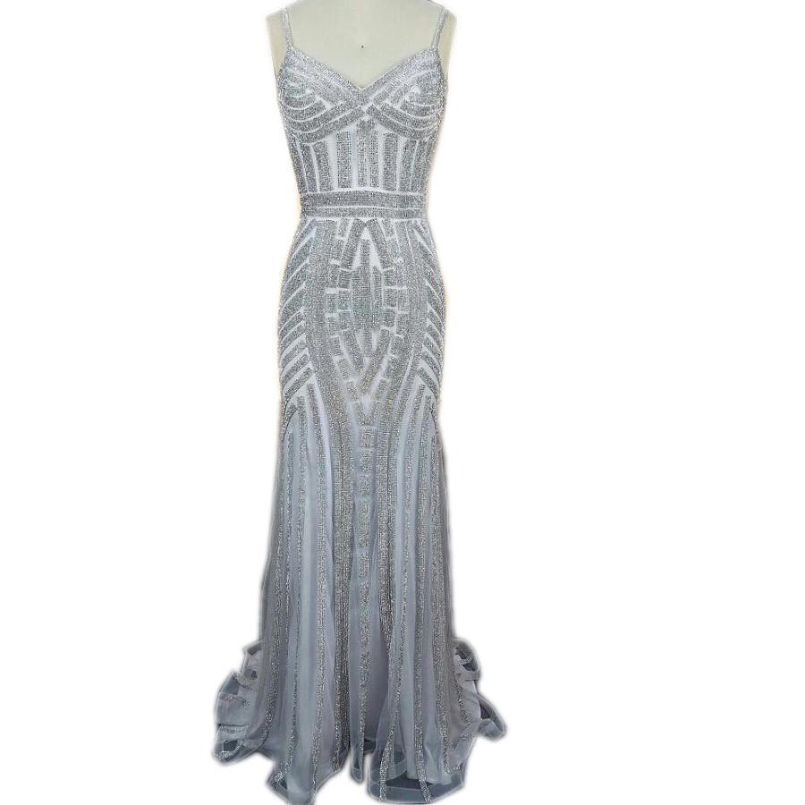 V Neck Long Tulle Mermaid Evening Dresses With Gold Beading