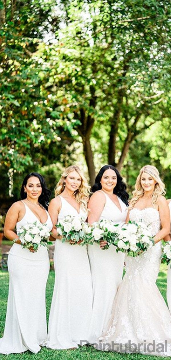 Sexy V-neck Mermaid Satin Long Bridesmaid Dresses.DB10335