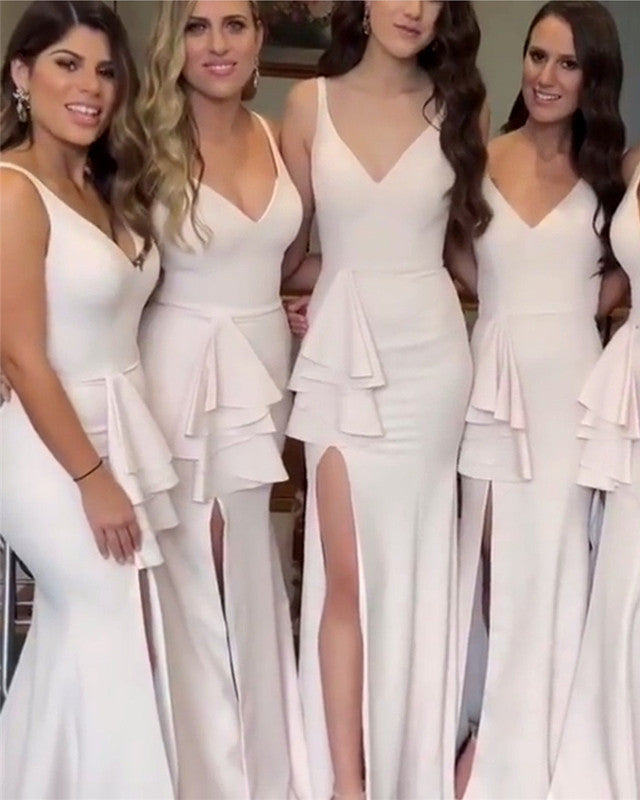 Sexy Long Jersey V-neck Mermaid Bridesmaid Dresses Leg Split