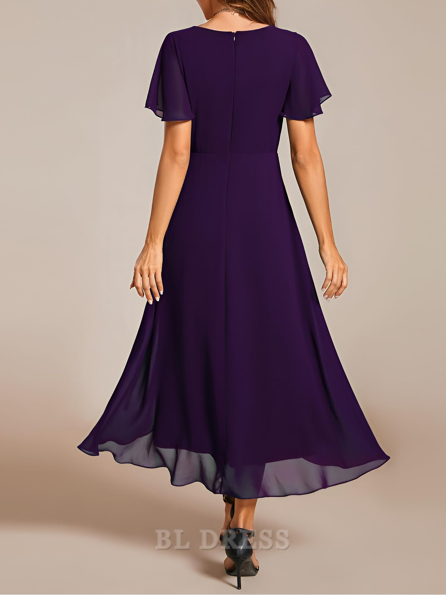 A-line V Neck Chiffon Ruffle Sleeves Pleated High Low formal dresses Bridesmaid Dresses evening gown Prom Dress