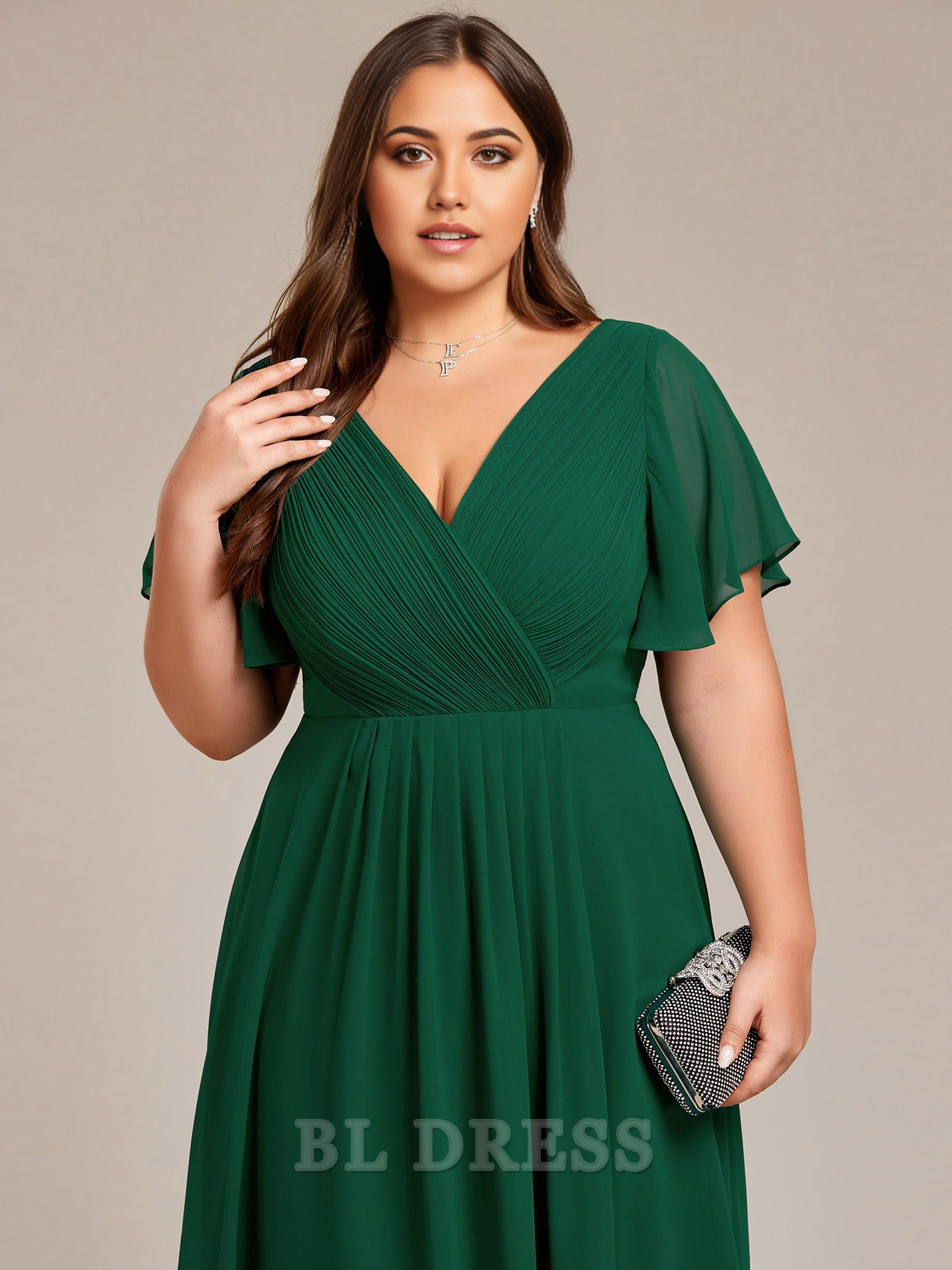 Plus Size A Line V Neck Chiffon Short Sleeves Knee Length formal dresses Bridesmaid Dresses evening gown Prom Dress