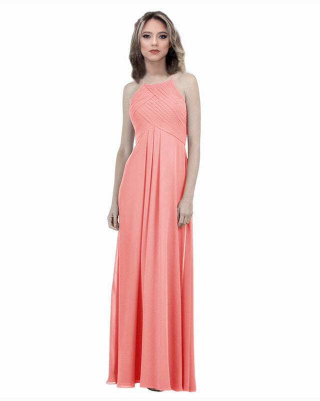 Elegant Pleated Long Chiffon Halter Bridesmaid Dresses