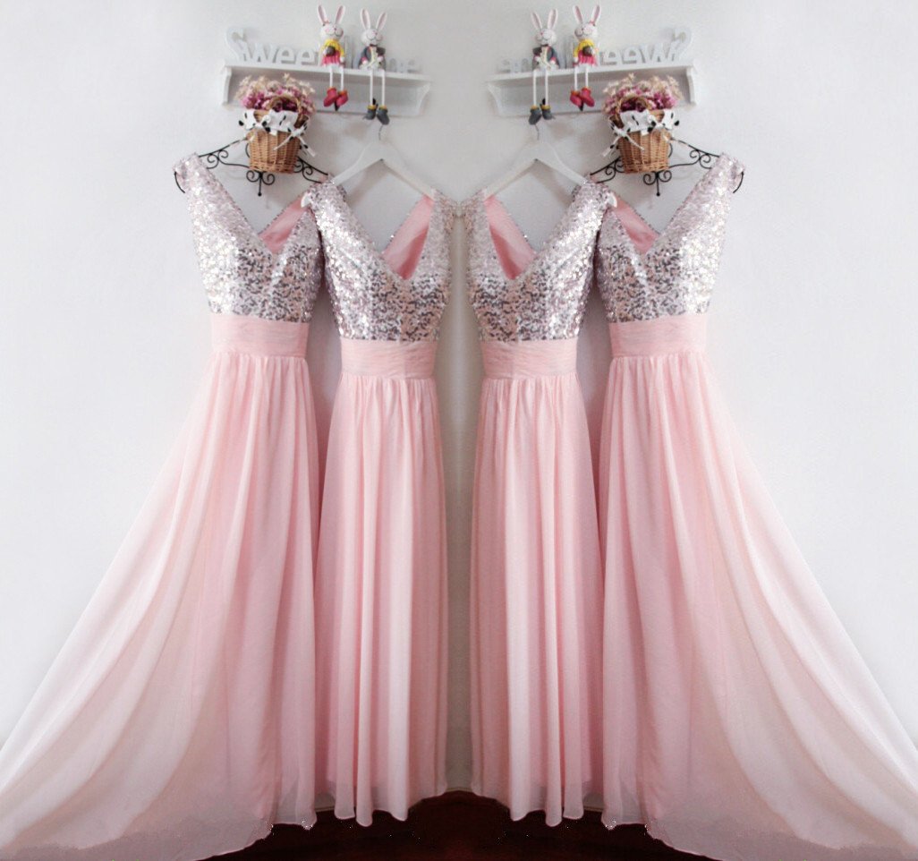 Glitter Sequins V Neck Long Chiffon Pink Bridesmaid Dresses 2017