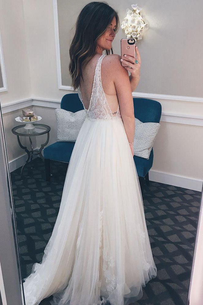 Long Illusion V Neck A-line Ivory Wedding Dress with Lace