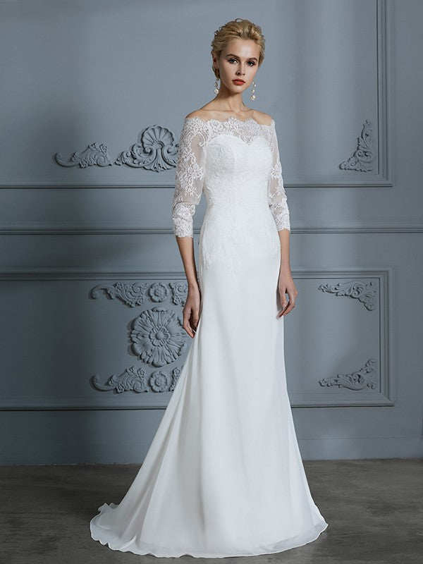 Aimishang Trumpet/Mermaid 1/2 Sleeves Off-the-Shoulder Sweep/Brush Train Chiffon Wedding Dresses