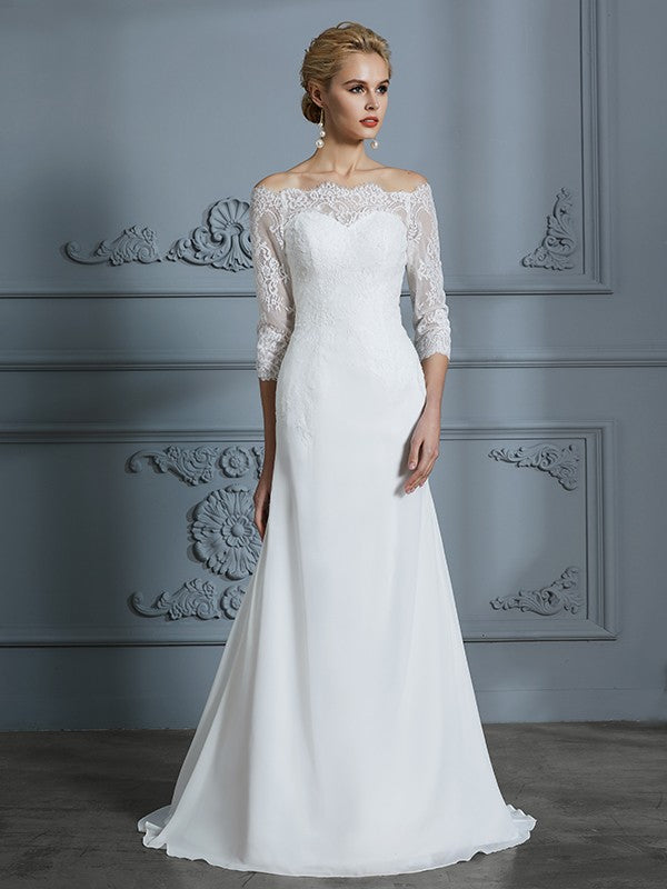 Aimishang Trumpet/Mermaid 1/2 Sleeves Off-the-Shoulder Sweep/Brush Train Chiffon Wedding Dresses