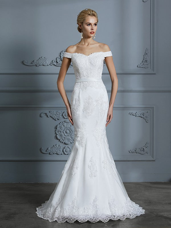 Trumpet/Mermaid Off-the-Shoulder Sleeveless Lace Sweep/Brush Train Tulle Wedding Dresses