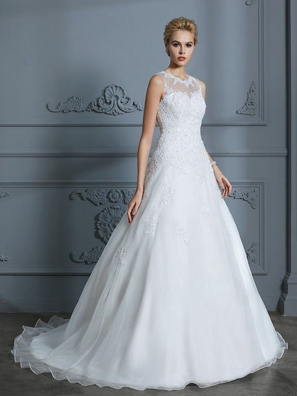 Aimishang Ball Gown Scoop Sleeveless Organza Court Train Applique Wedding Dresses