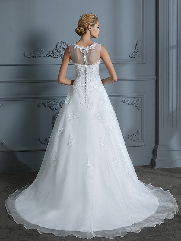 Aimishang Ball Gown Scoop Sleeveless Organza Court Train Applique Wedding Dresses