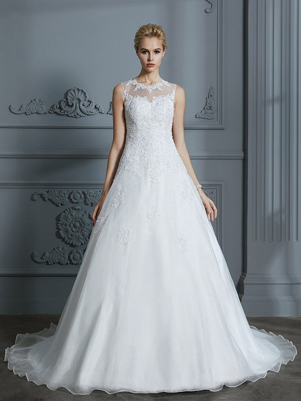 Aimishang Ball Gown Scoop Sleeveless Organza Court Train Applique Wedding Dresses