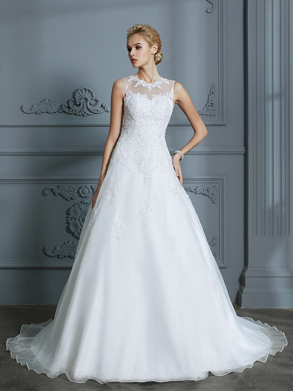 Aimishang Ball Gown Scoop Sleeveless Organza Court Train Applique Wedding Dresses