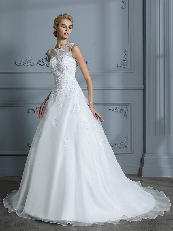 Aimishang Ball Gown Scoop Sleeveless Organza Court Train Applique Wedding Dresses