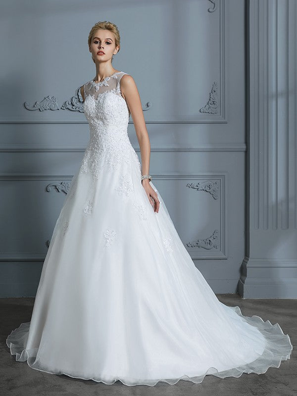 Aimishang Ball Gown Scoop Sleeveless Organza Court Train Applique Wedding Dresses