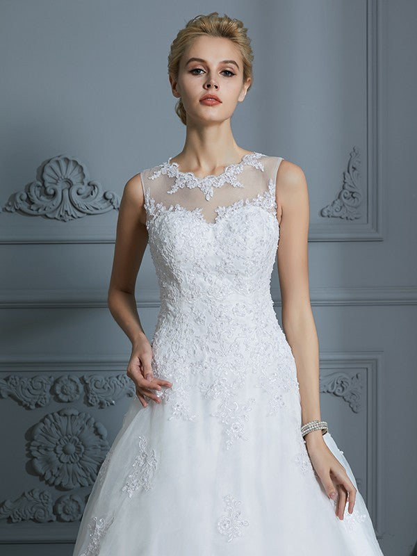 Aimishang Ball Gown Scoop Sleeveless Organza Court Train Applique Wedding Dresses
